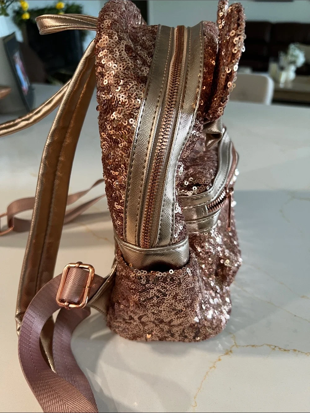 Loungefly Rose Gold Sequin Mini Backpack with Metallic Bow Ears